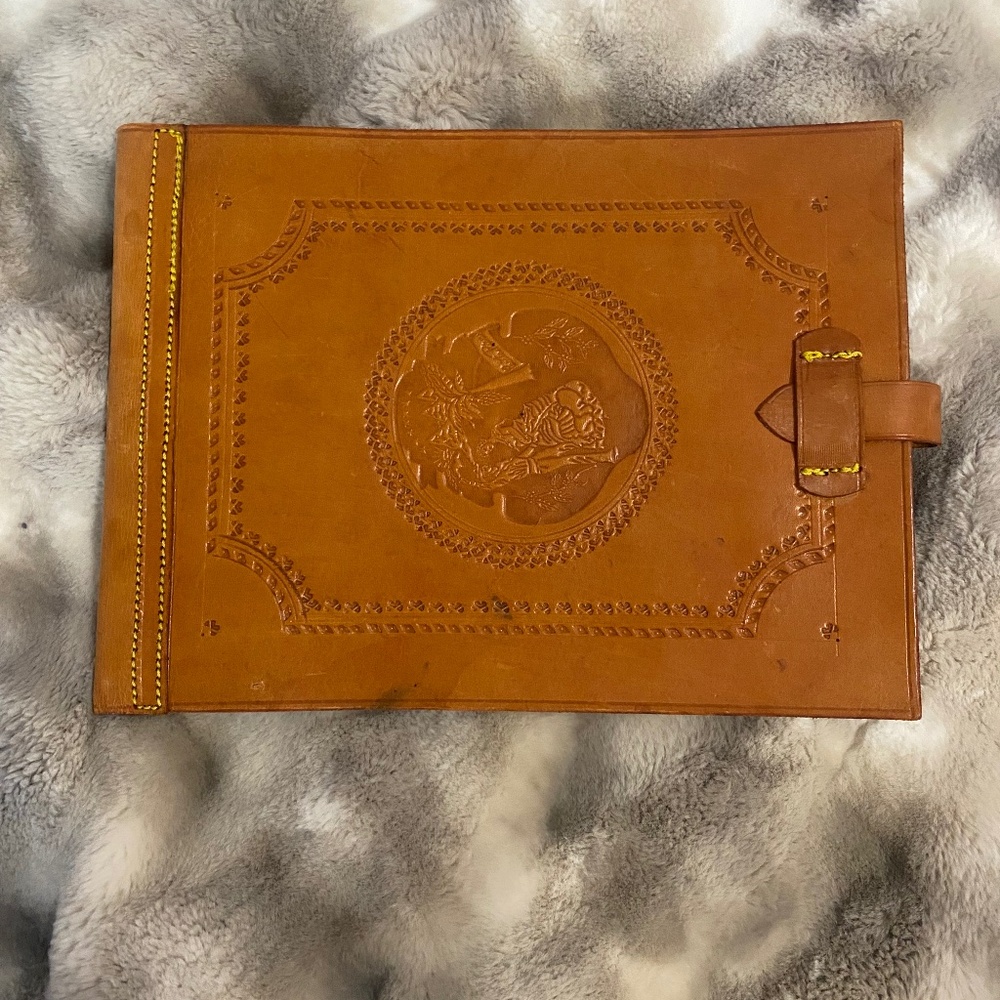 Vintage hand tooled embossed leather album/notebook cover. Handmade & unique